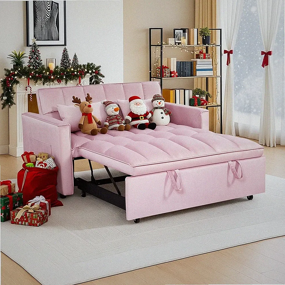 Modern Retro Futon Sofa Bed Pink Pull-Out Loveseat Convertible 3-in-1 Apartment