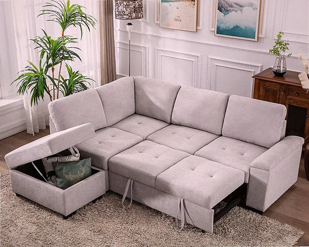 Modern Reversible Sleeper Sectional Sofa, L-Shape Corner Couch, Pull Out Sofa-Be