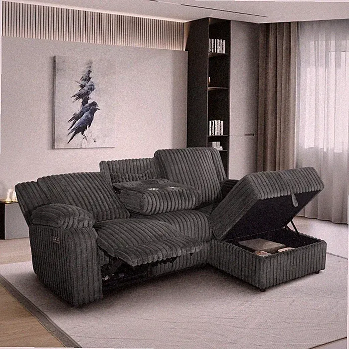 Modern RHF Power Recliner Sectional Sofa w/ Storage Chaise & USB, Dark Gray