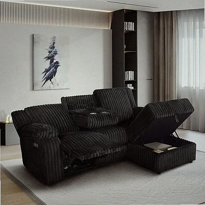 Modern RHF Power Recliner Sectional Sofa w/ Storage Chaise & USB Port, Black
