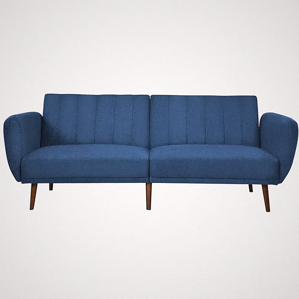 Modern Scandinavian Blue Linen Upholstered Sofa Bed with Wooden Legs