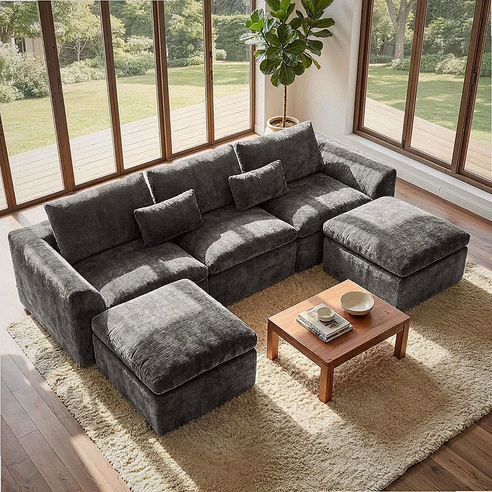 Modern Sectional Cloud Couch - 120'' Soft Modular Sectional Sofa – No Assembly R