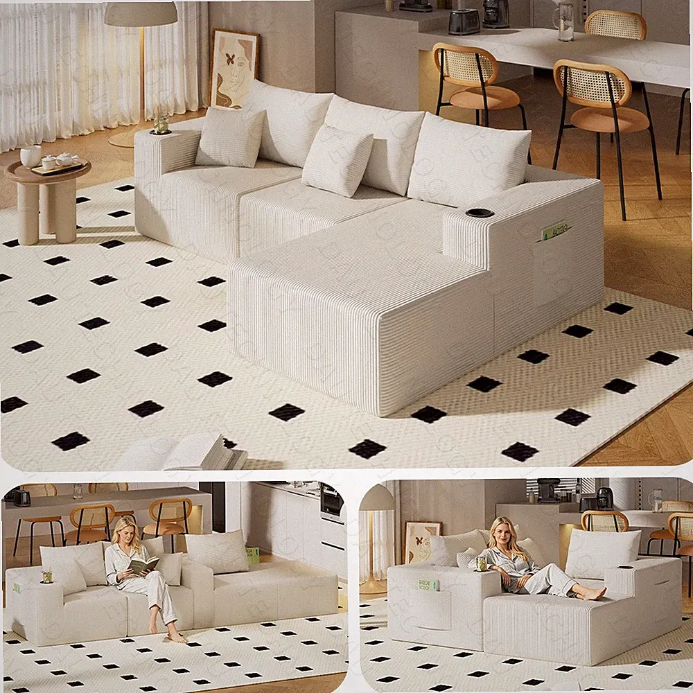 Modern Sectional Couch L-Shape Modular Sofa Three-piece Foam Corduroy Plush Soft