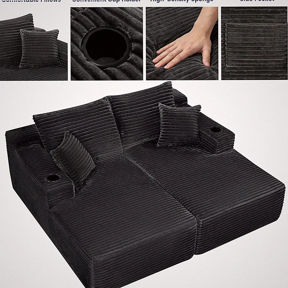 Modern Sectional Couch Plush Fabric Sofa with Double Chaise Lounge 4 Pillows