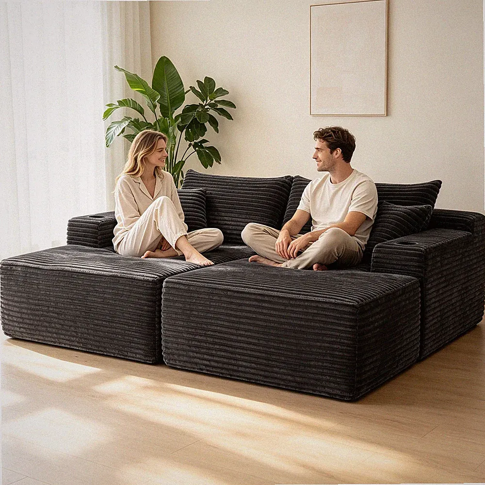 Modern Sectional Couch w/ Double Chaise Lounge Plush Sofa w/ Spring Cushioning