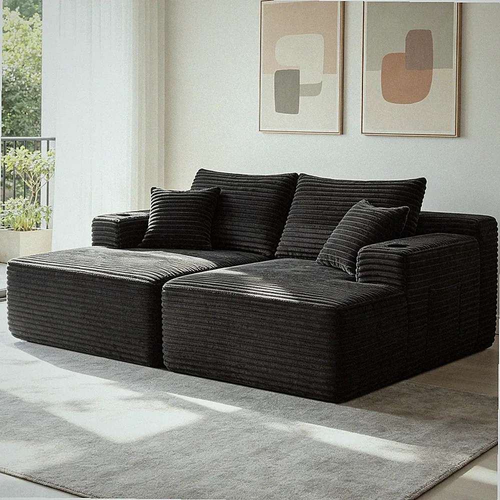 Modern Sectional Couch w/ Double Chaise Lounge Sofa w/2 Cup Holders & 4 Pillows