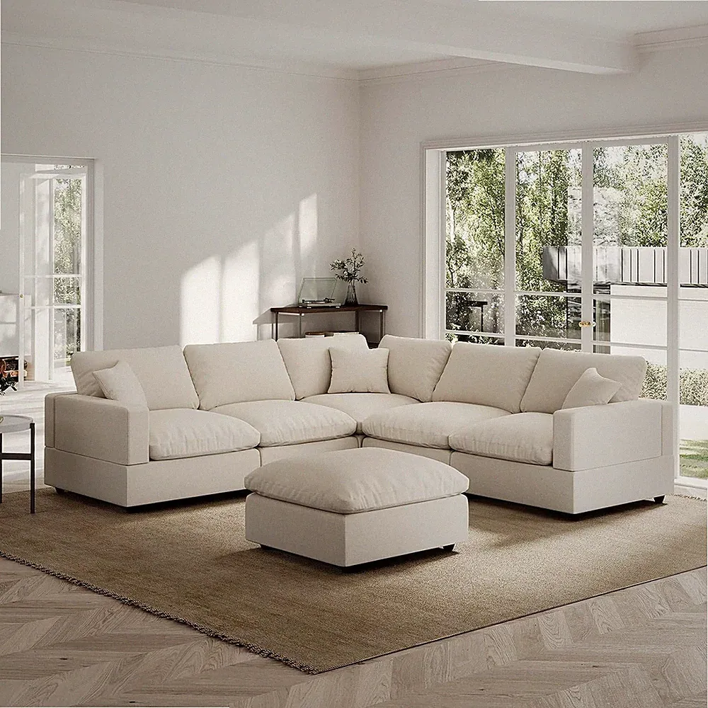 Modern Sectional Linen Couch for Living Room V Shape Sofas,5 Seat with Ottoman M
