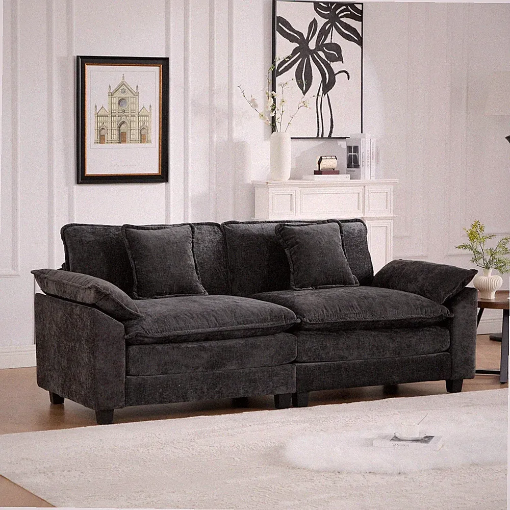 Modern Sectional Loveseat with Pillows, Breathable Chenille Fabric, Black