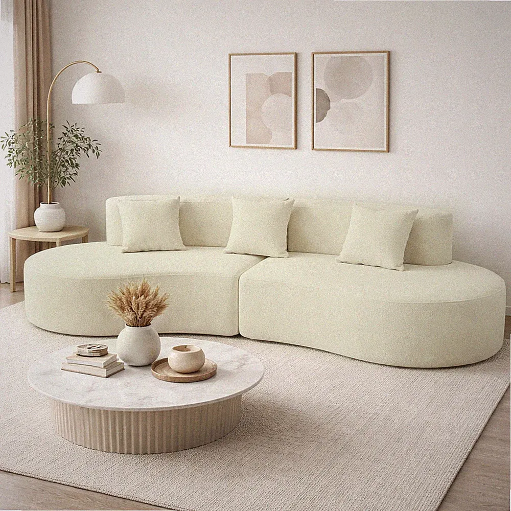 Modern Sectional Sofa 4 Seat Curved Shaped Couch Home Living Room Cream White