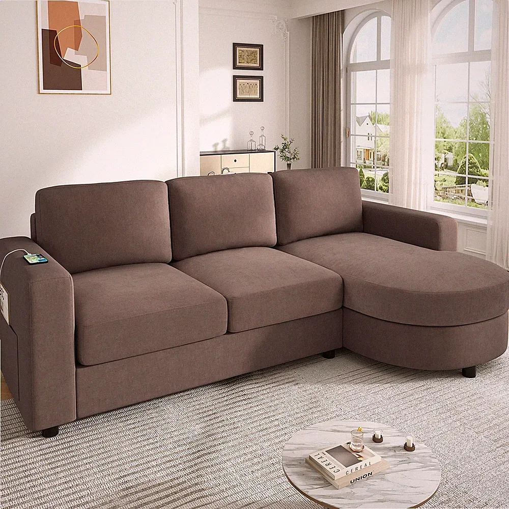 Modern Sectional Sofa 84.6" L-shaped Sofa Couch with a Curved Chaise Lounge, USB