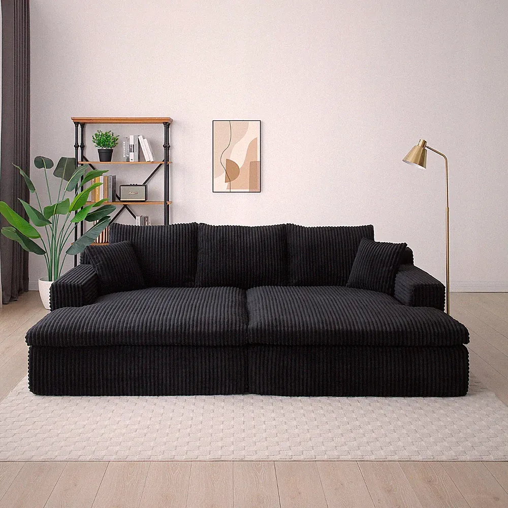 Modern Sectional Sofa Bed Corduroy Upholstered Modular Sleeper Couch With Pillow
