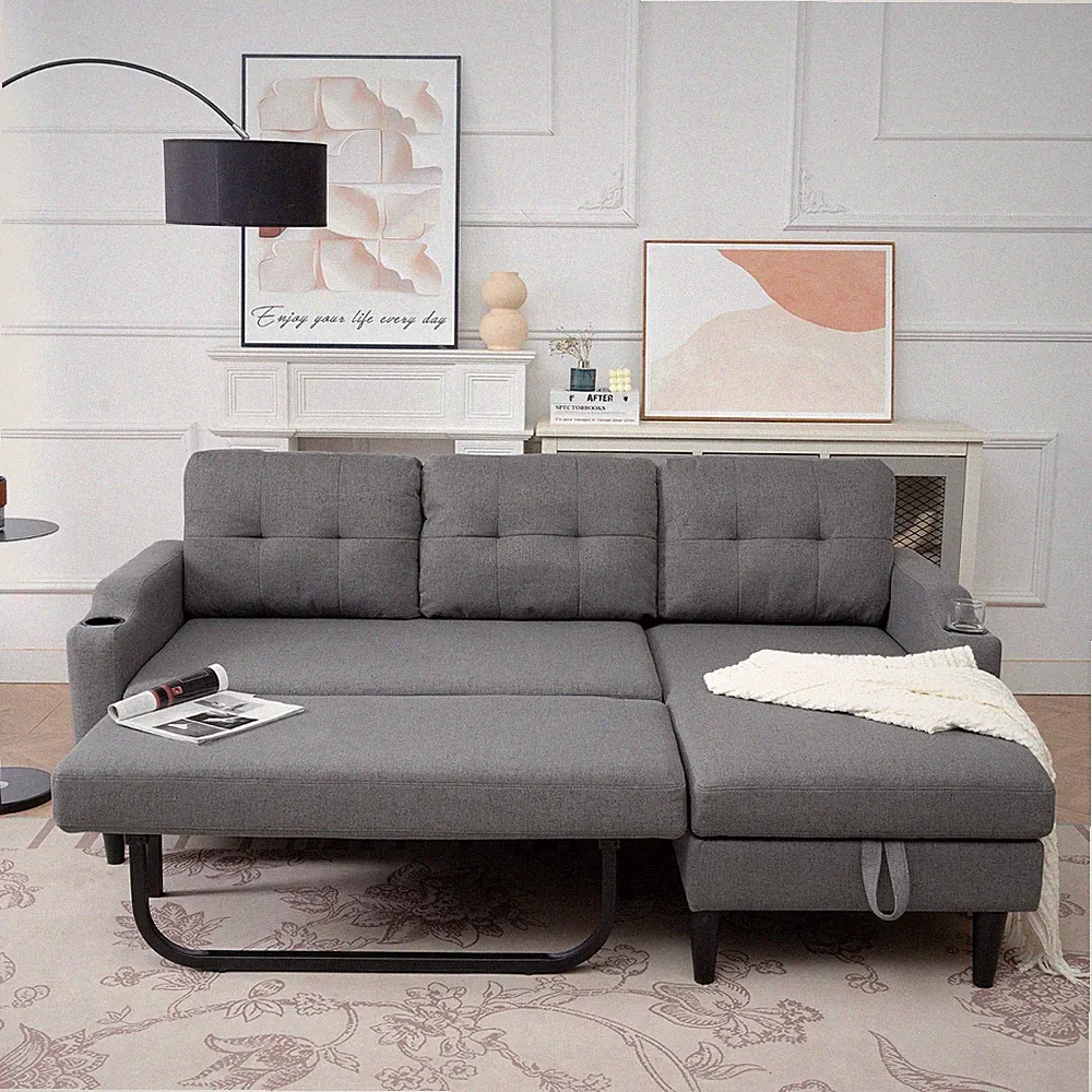 Modern Sectional Sofa Bed Modular Couch with Storage Chaise Lounge Cup Holders