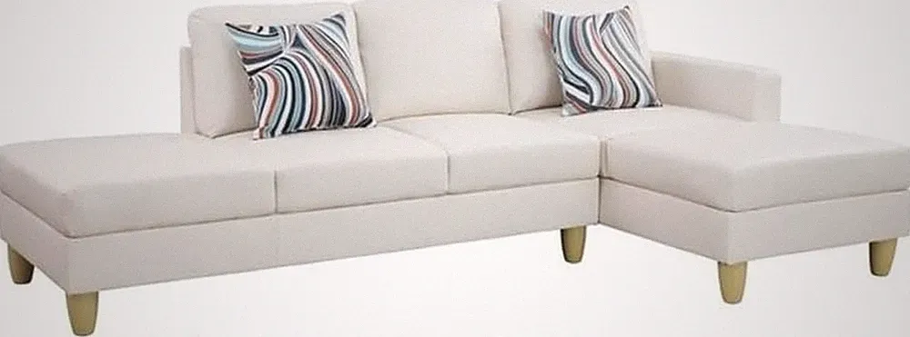 Modern Sectional Sofa Set, Faux Leather, Cream White, Includes Chaise and Reclin
