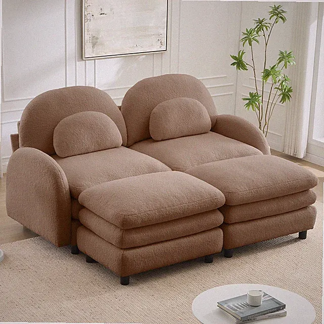 Modern Sectional Sofa w/ 2 Ottomans & Pillows, Teddy Fleece Fabric
