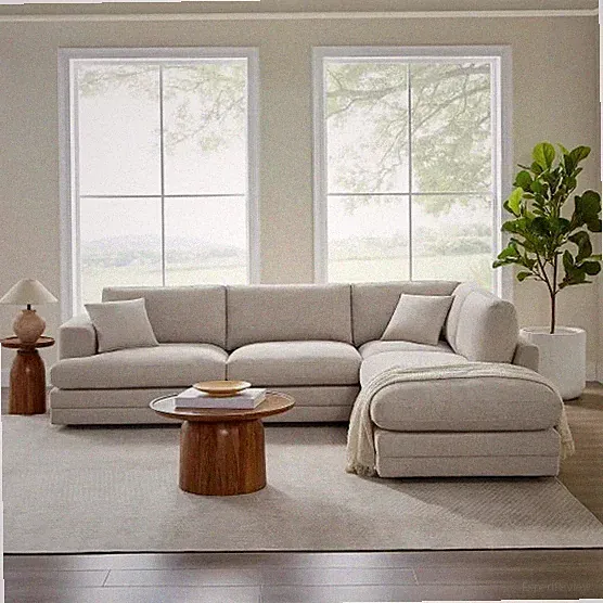 Modern Sectional Spacious Chaise 2 Accent Pillows Polyester BEIGE
