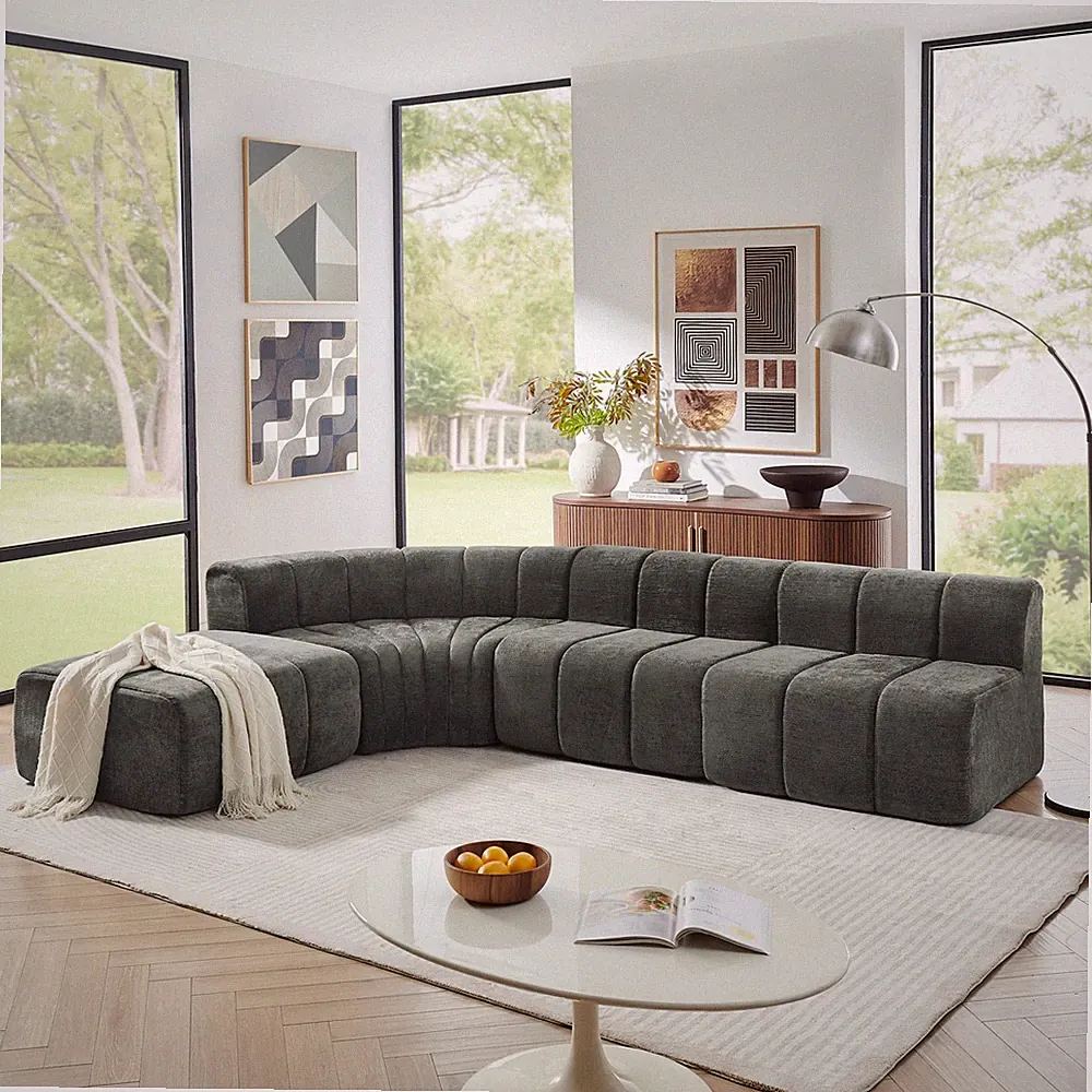 Modern Semi-Curved Modular Sectional Sofa with Ottoman, Chenille, Black