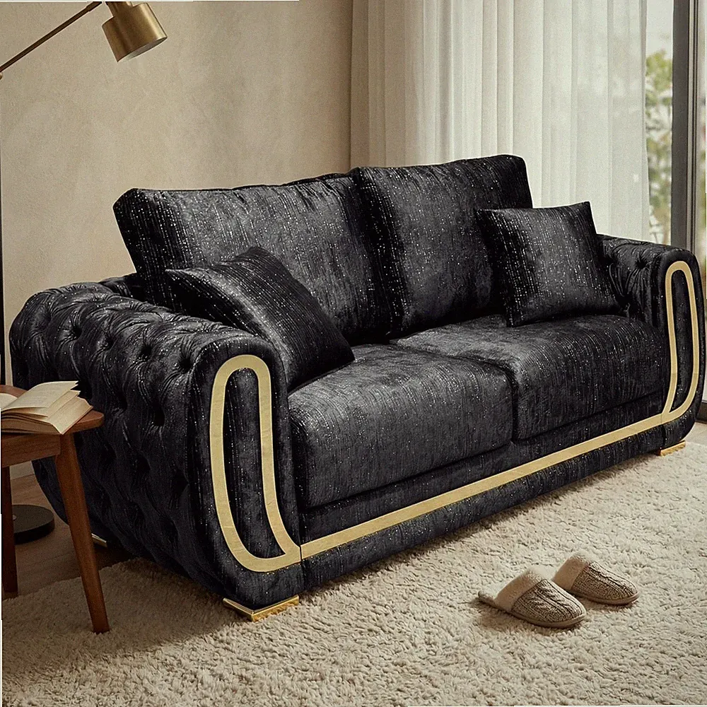 Modern Silver Velvet Sofa Luxury 2/3-Seater Gold Metal Frame Deep Seat Couch Set