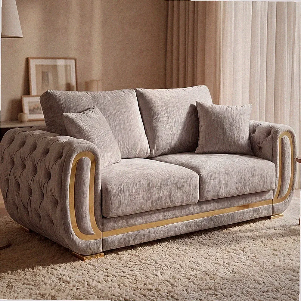 Modern Silver Velvet Sofa Luxury 2/3-Seater Gold Metal Frame Deep Seat Couch Set