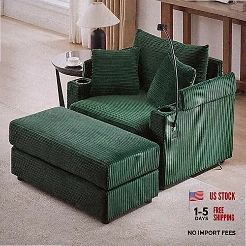 Modern Single Sofa Set with Movable Ottoman and Cupholders, Comfy Corduroy