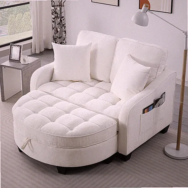 Modern Small Space Fabric Loveseat Sofa w/ Chaise and Recliner & Storage Ottoman