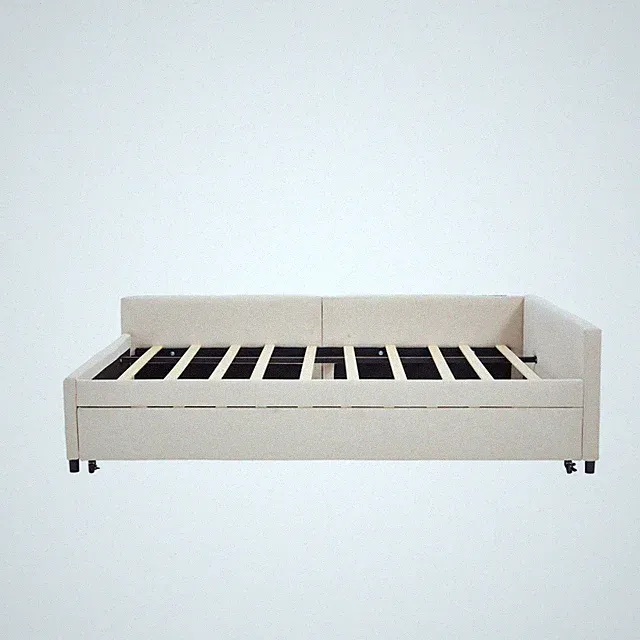 Modern Sofa Bed with Upholstered Diamond Grid Daybed Trundle Wooden Frame for