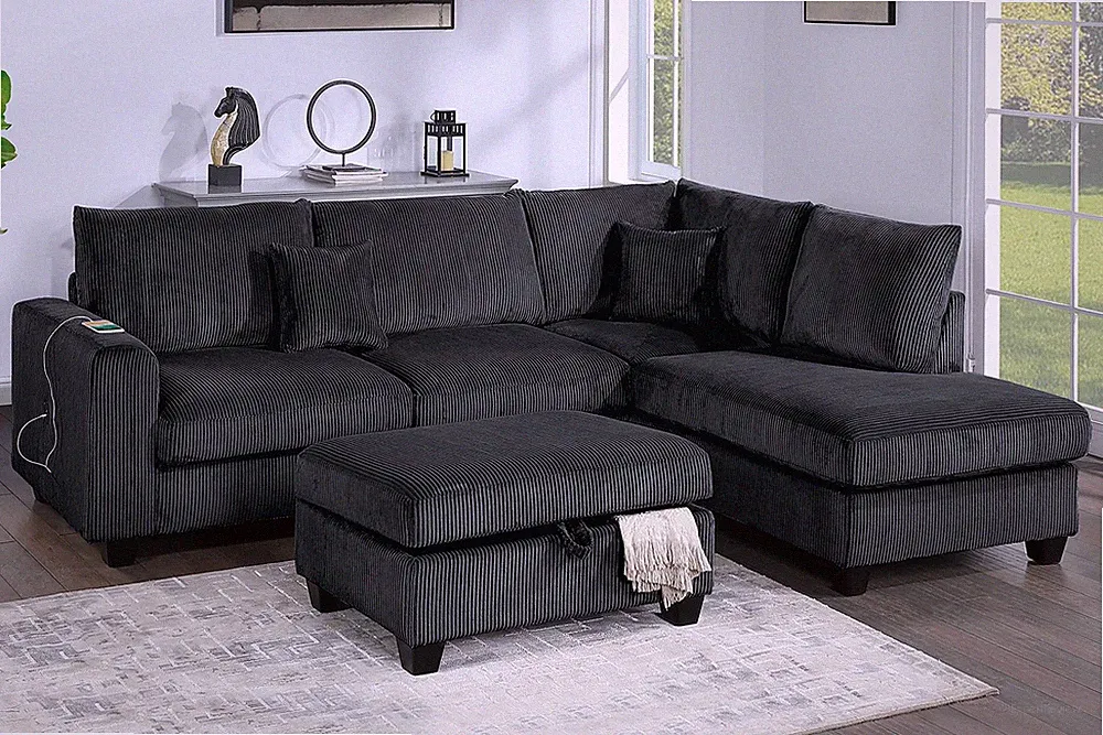 Modern Style 3pc Sectional Set USB Port Storage Ottoman Right Arm Chaise Left Ar