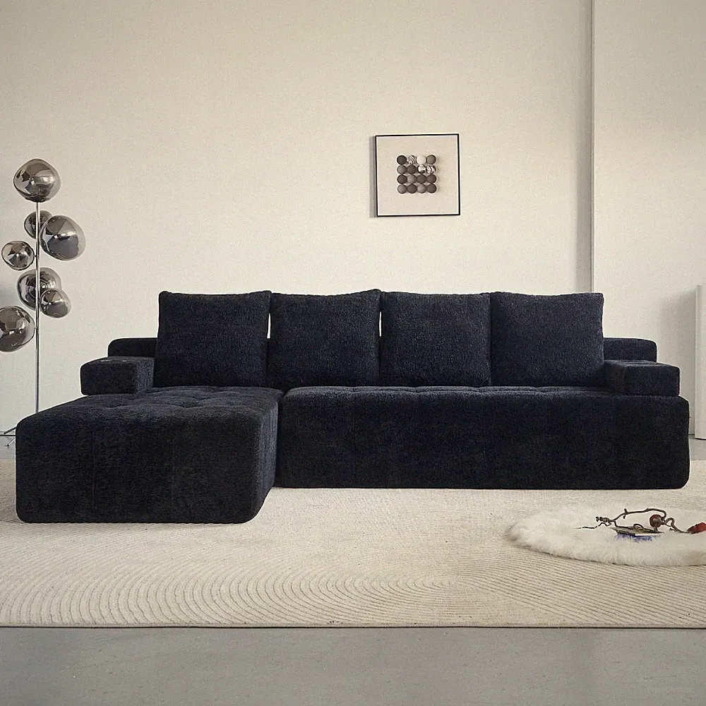Modern Style L-Shaped Sectional Sofa with Side Pockets,wireless charging device