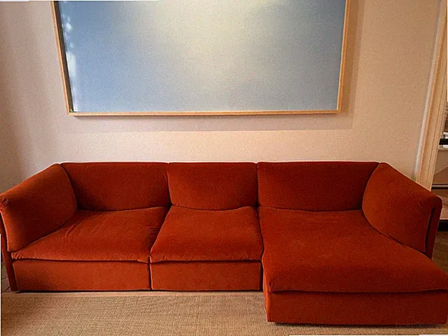 Modern Swedish orange velvet sofa couch