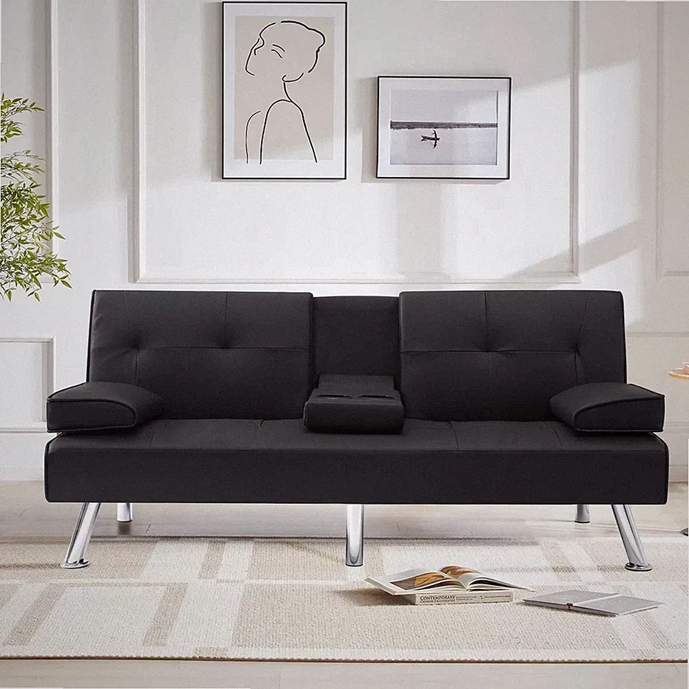 Modern Transitional Futon Sofa Bed Cup Holder Foldable Convertible Living Room