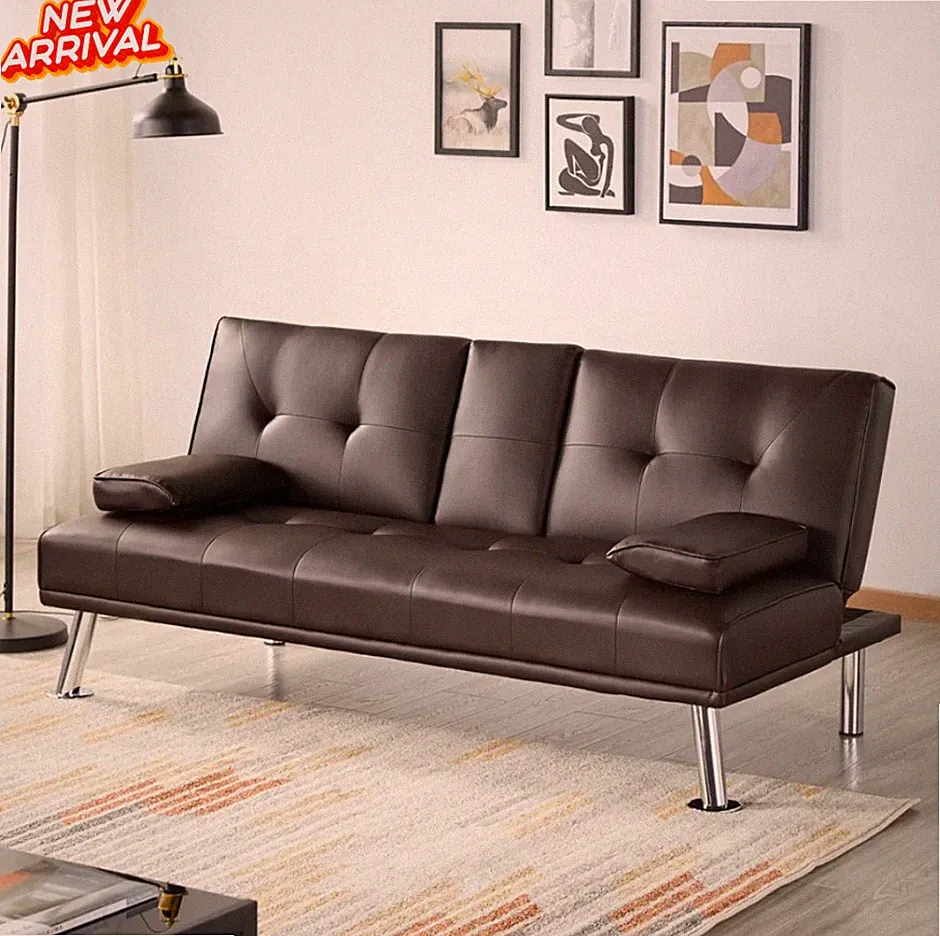 Modern Tufted Faux Leather Futon Sofa Bed Couch Loveseat Sleeper Adjust Espresso