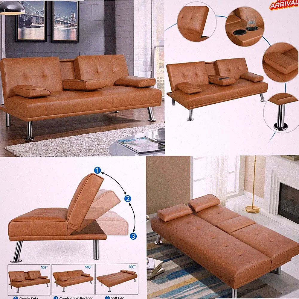 Modern Tufted Faux Leather Futon Sofa Bed Couch Loveseat Sleeper Adjusts Brown