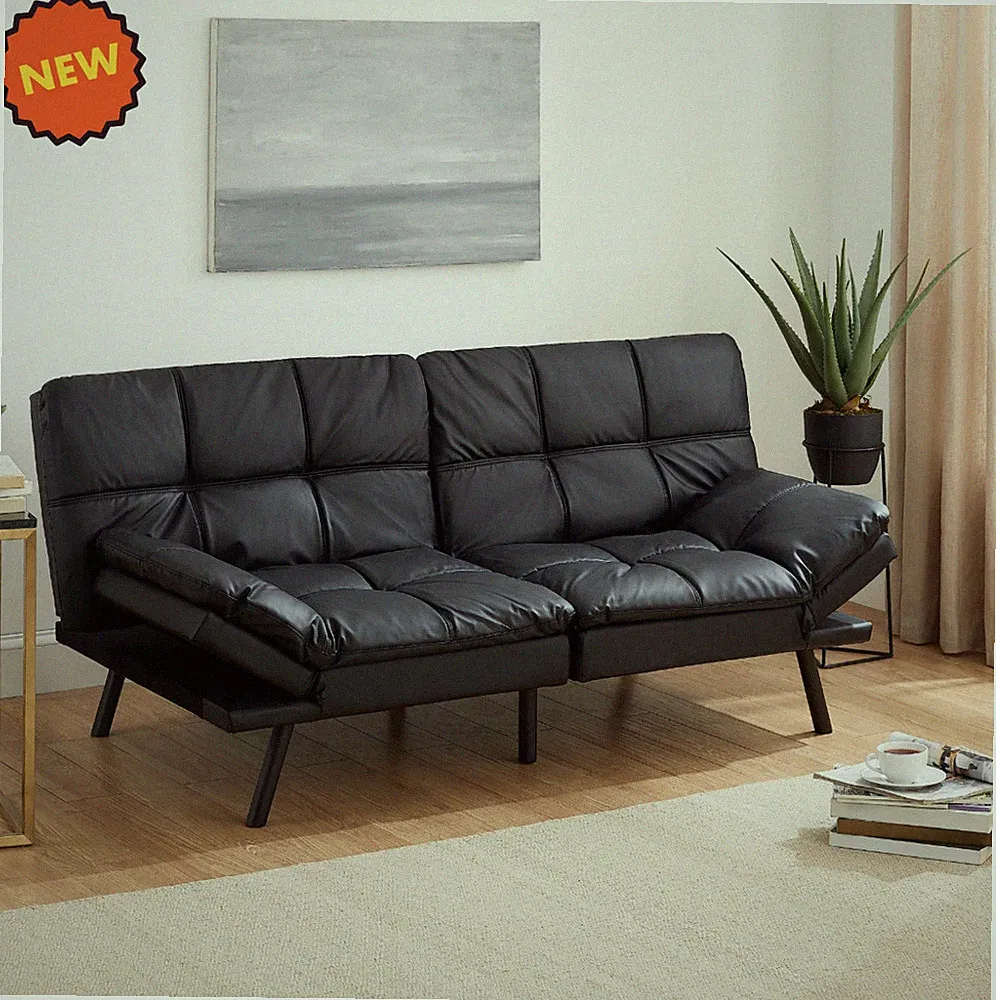 Modern Tufted Faux Leather Split Back Futon Sofa Bed Couch Loveseat Sleeper Blac