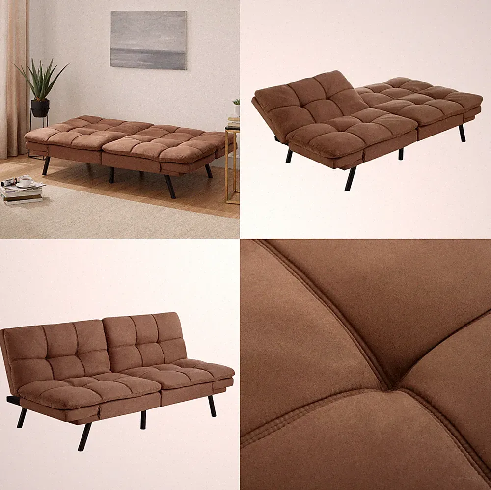 Modern Tufted Faux Suede Split Back Futon Sofa Bed Couch Loveseat Sleeper Camel
