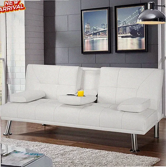 Modern Tufted Futon Faux Leather Sofa Bed Couch Loveseat Sleeper Adjusts White