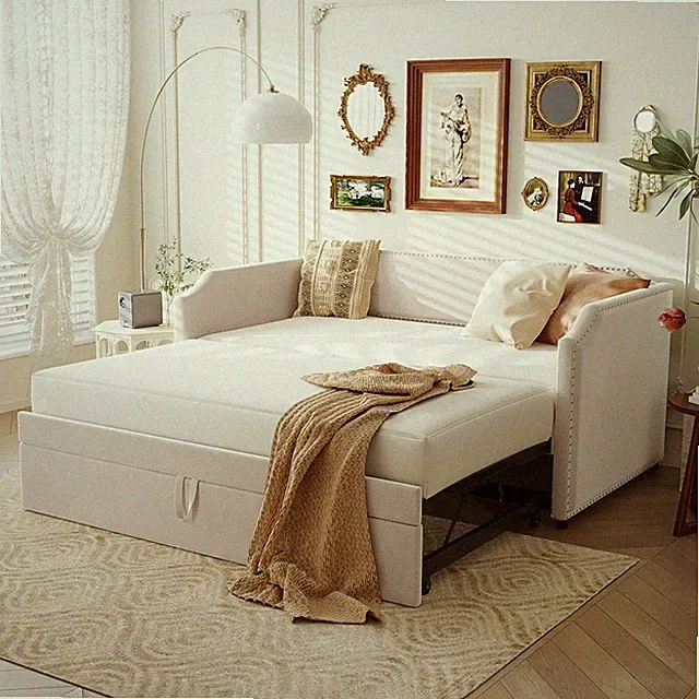 Modern Twin Size Velvet Upholstered Daybed w/ Pop Up Trundle Beige/Pink/Gray