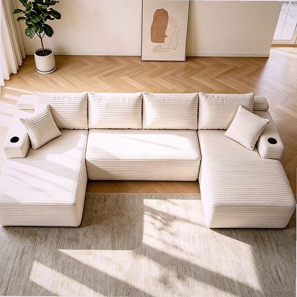 Modern U-Shape Cloud Sectional Sofa Couch W/ Chaise Side Pockets Cup Holder Foam