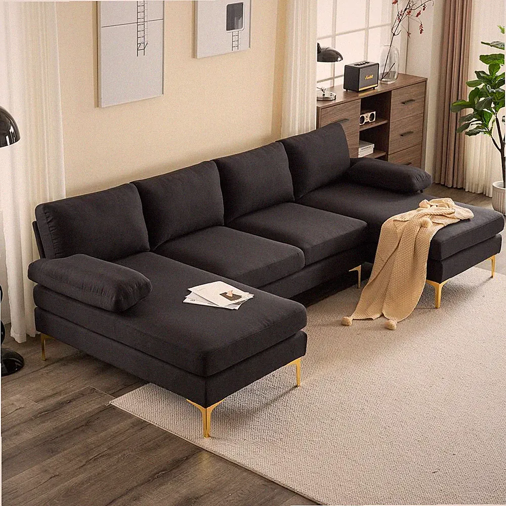 Modern U Shape Sectional Sofa 2 Chaise Lounge Couch Black