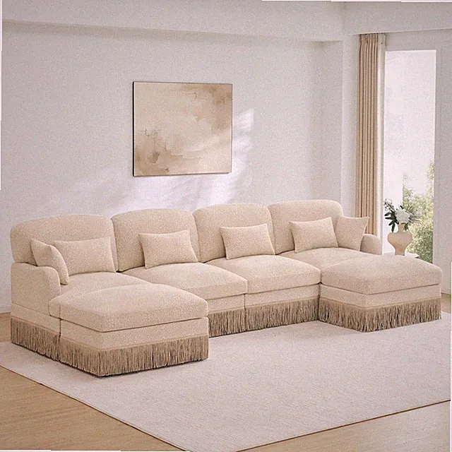 Modern U-Shape Sectional Sofa, Chenille Fabric w/ Ottoman, Leopard Print, Beige