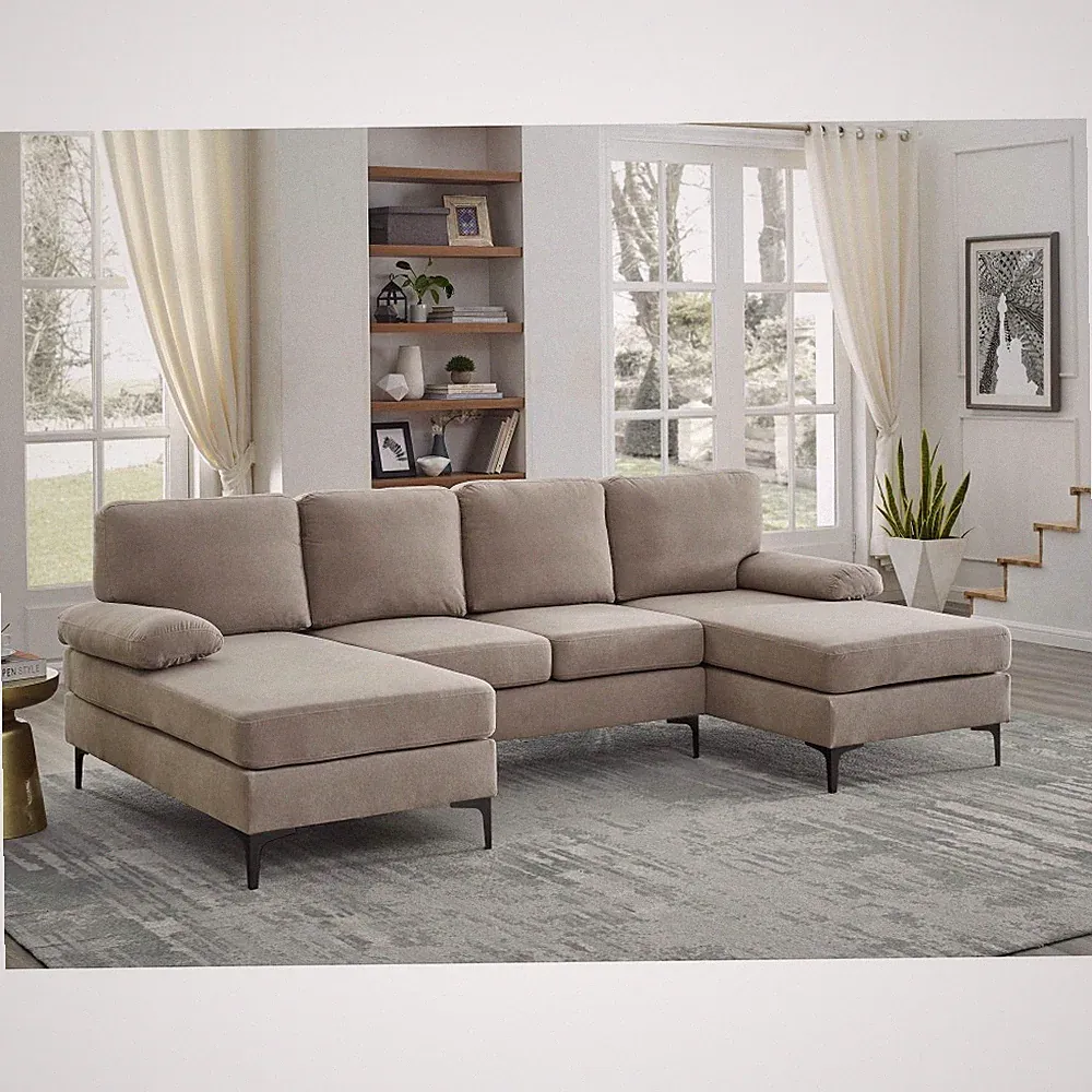 Modern U-Shape Sectional Sofa w/Metal Legs, Polyester Blend, Khaki