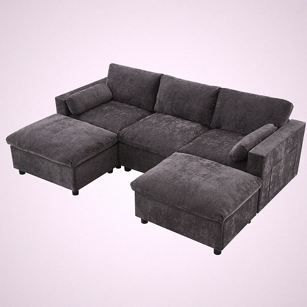 Modern U Shaped Chenille Convertible Sectional Sofa Modular Couch With Ottomans