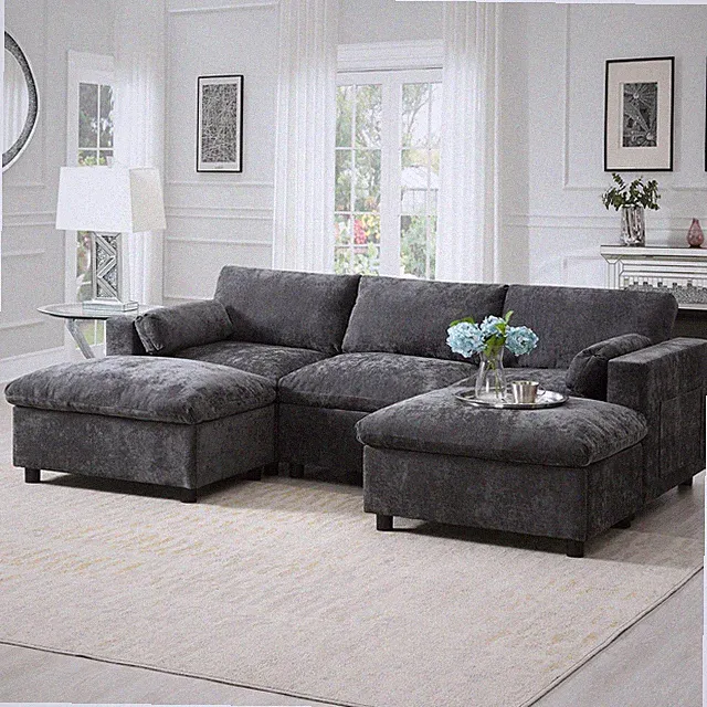 Modern U Shaped Chenille Convertible Sectional Sofa Modular Couch With Ottomans