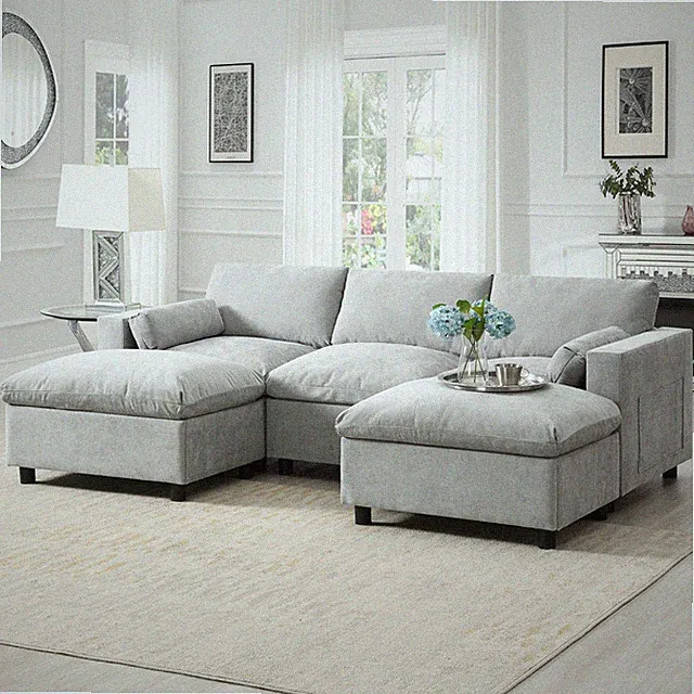 Modern U Shaped Chenille Convertible Sectional Sofa Modular Couch With Ottomans