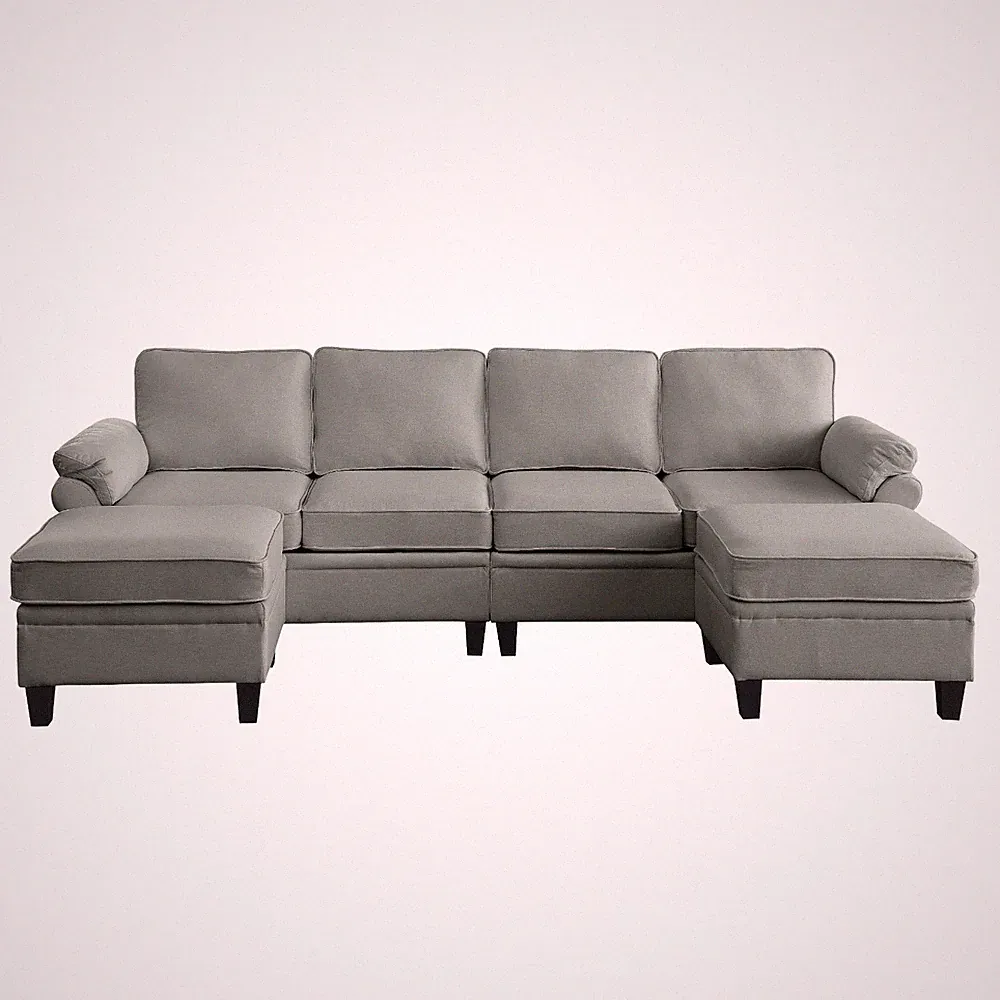 Modern U Shaped Convertible Modular Couch Linen Sectional Sofa With Ottomans