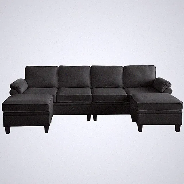 Modern U Shaped Convertible Modular Couch Linen Sectional Sofa With Ottomans