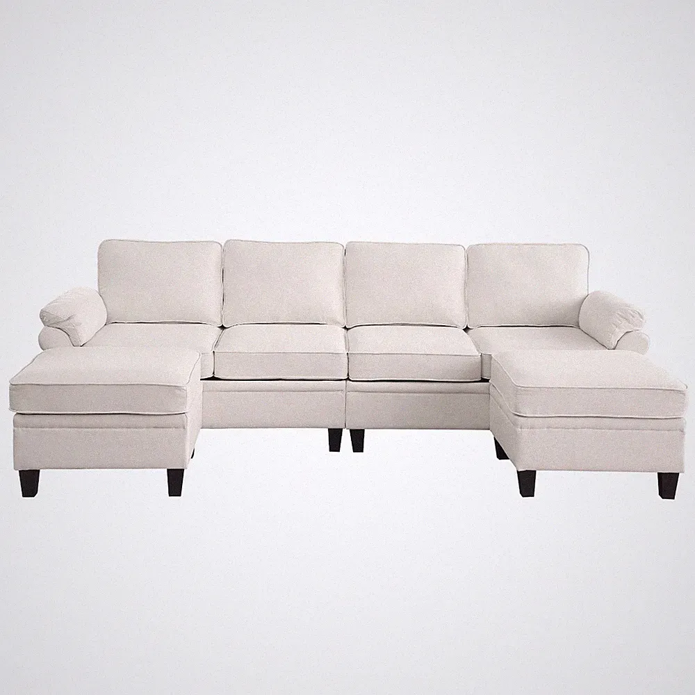 Modern U Shaped Convertible Modular Couch Linen Sectional Sofa With Ottomans