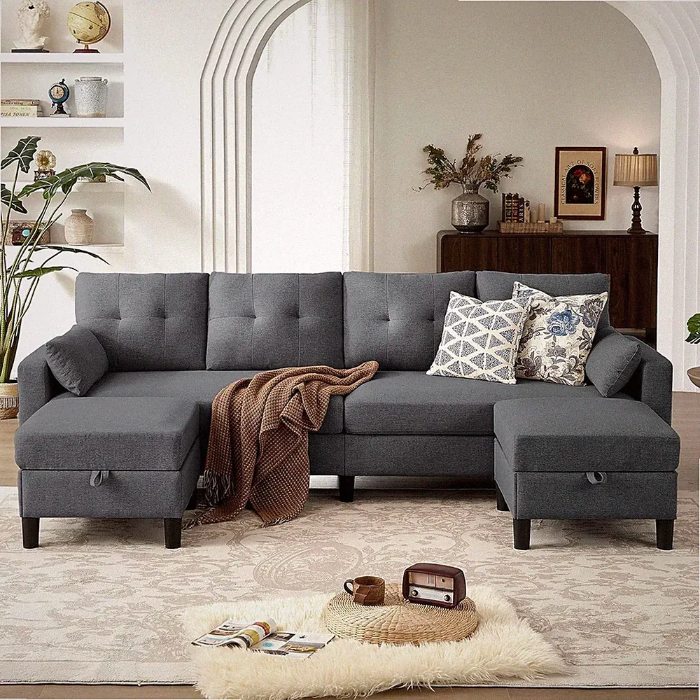 Modern U-Shaped Convertible Sectional Sofa with Storage - Dark Grey