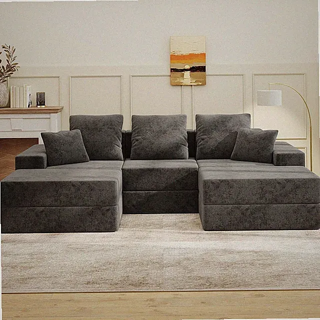 Modern U-Shaped Dark Grey Sectional Sofa with Reversible Chaise & Ottomans