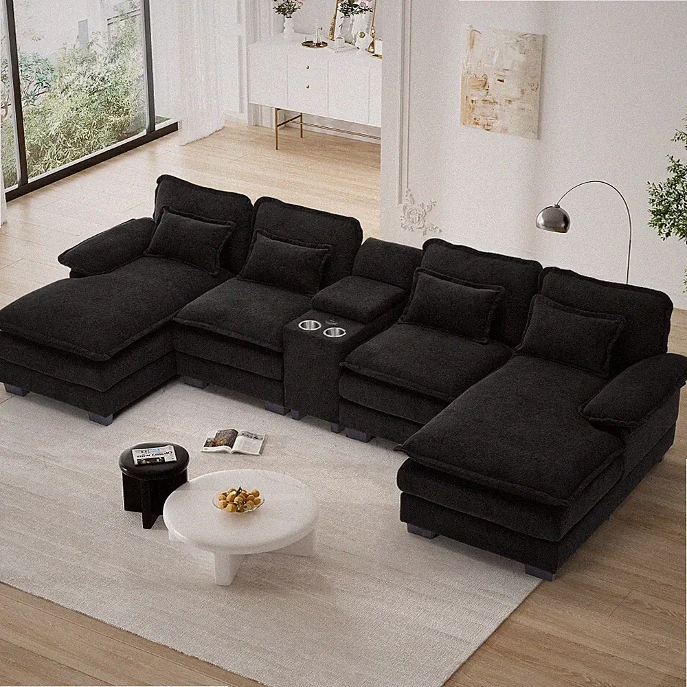Modern U-Shaped Oversized Sectional Sofa Couch w/ USB Port,Storage,Cup Holder