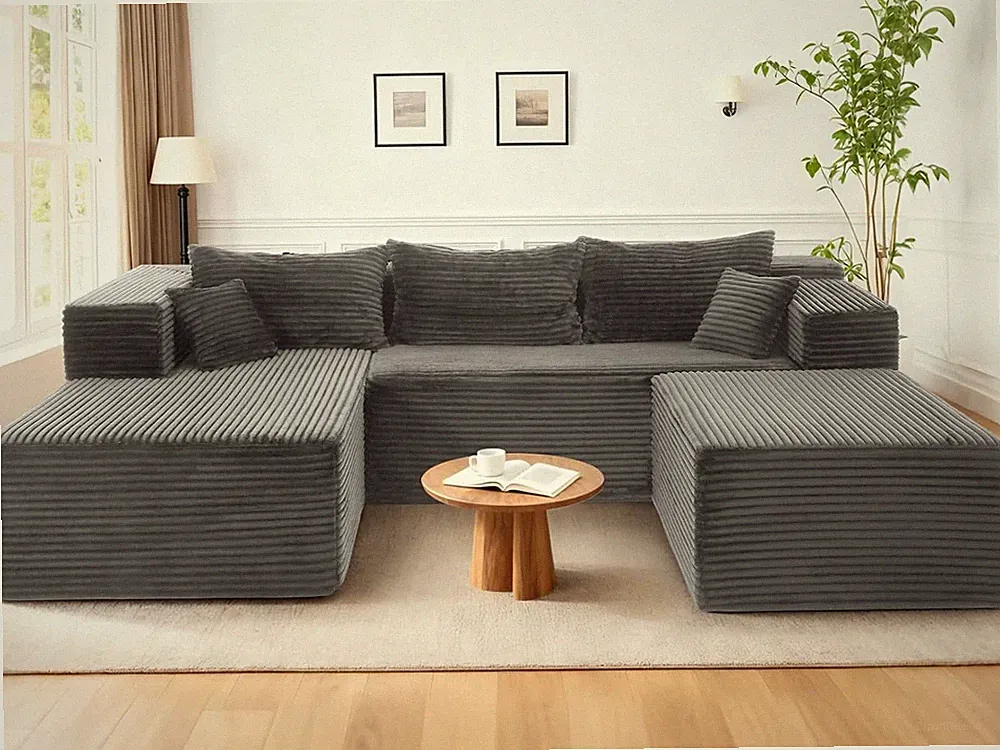 Modern U Shaped Sectional Couch Corduroy Upholstered Modular Sofa with Ottoman🔥