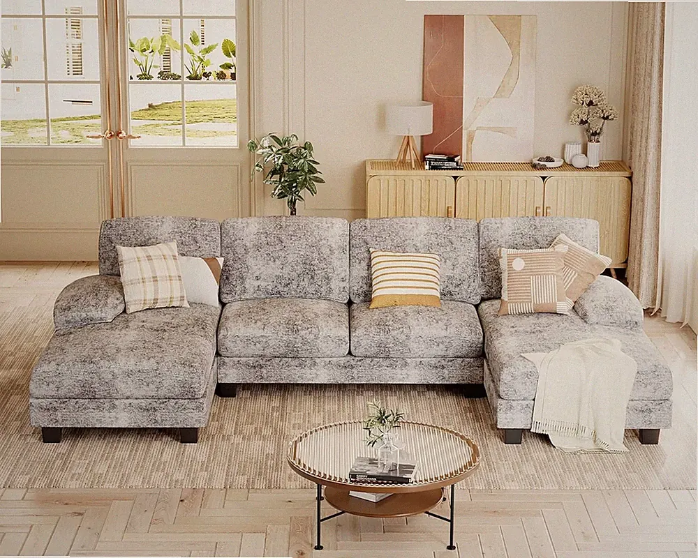 Modern U-Shaped Sectional Couch for Small Spaces - Grey Chenille Fabric